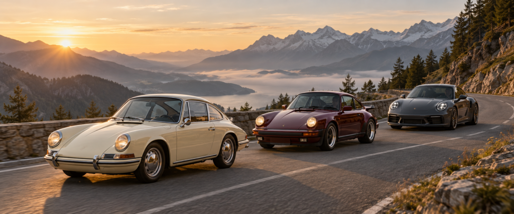 Three generations of the Porsche 911 on an Alpine mountain road at sunrise
